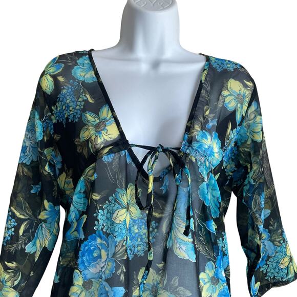 Rima Beachworld Women Top S Blue Floral Light Sheer Beachy Coverup Tropical Boho - Picture 5 of 8